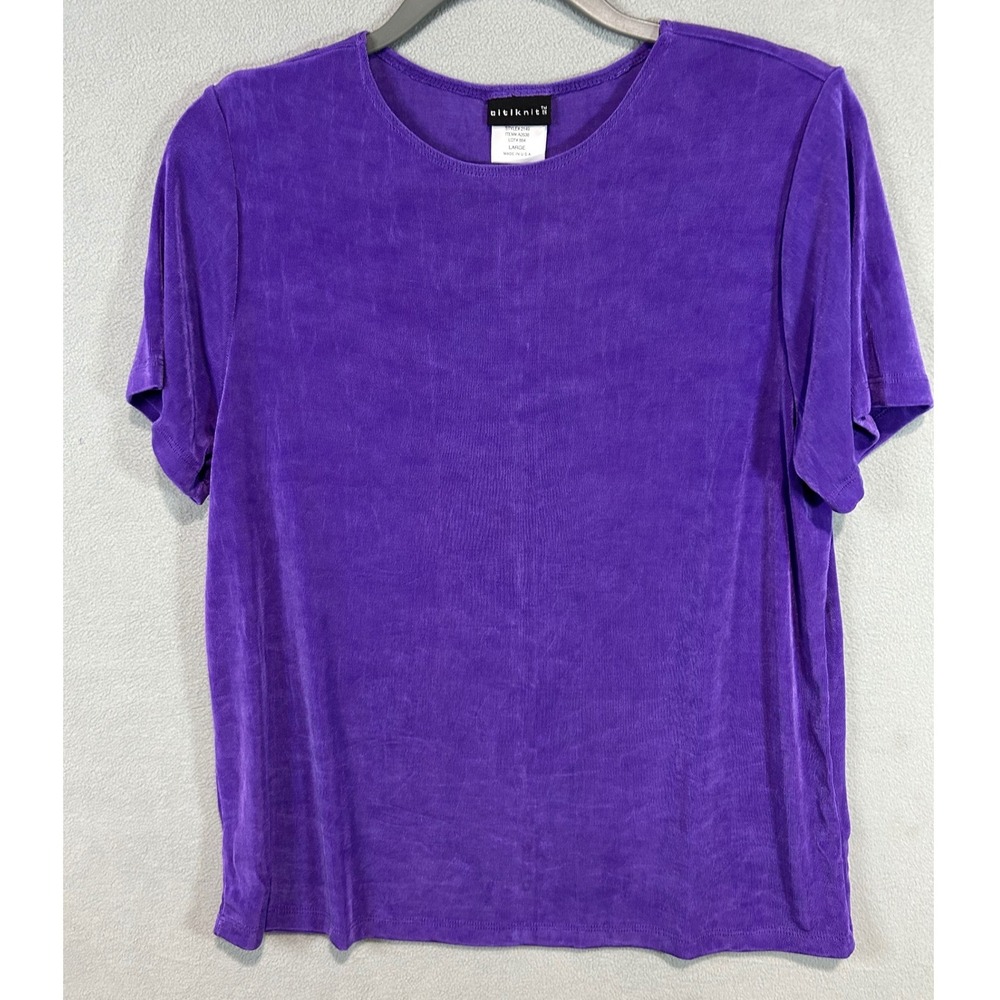 Citiknits QVC Top Womens Large Purple Short Sleeve Slinky Knit Office Basic